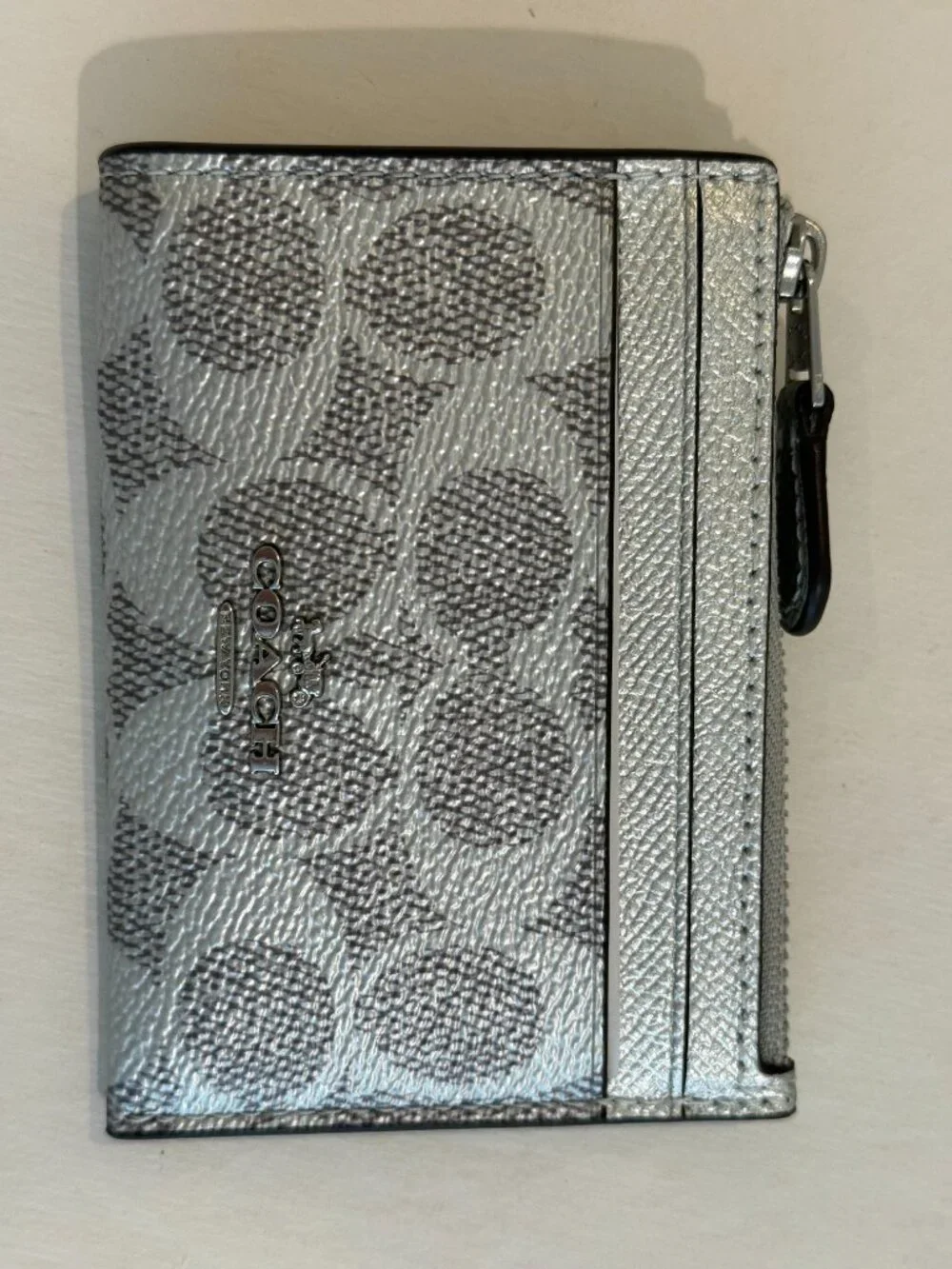 Coach Min/Skinny ID Case Card Holder Signature Canvas key chain/ Wallet Silver